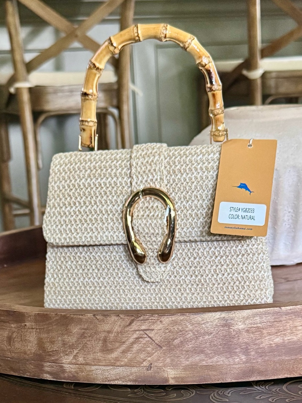 Brand New Tommy Bahama Woven Cream Top-Handle Bag with Bamboo Handle